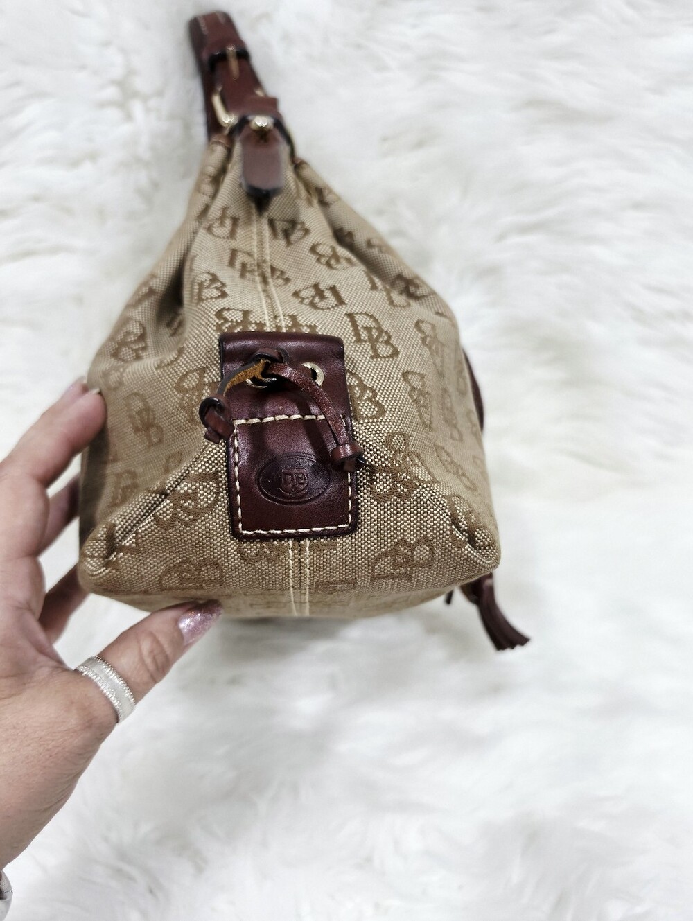 Dooney & Bourke DB Monogram Drawstring Bucket Bag Tan Brown Leather - Picture 7 of 17